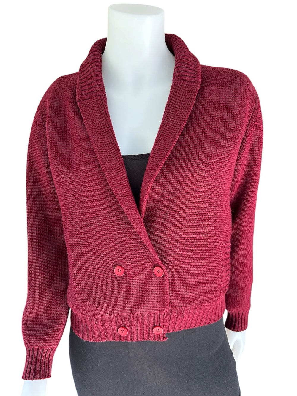 Vintage Double-Breasted Cardigan Sweater Cropped Office Fall Autumn Burgundy